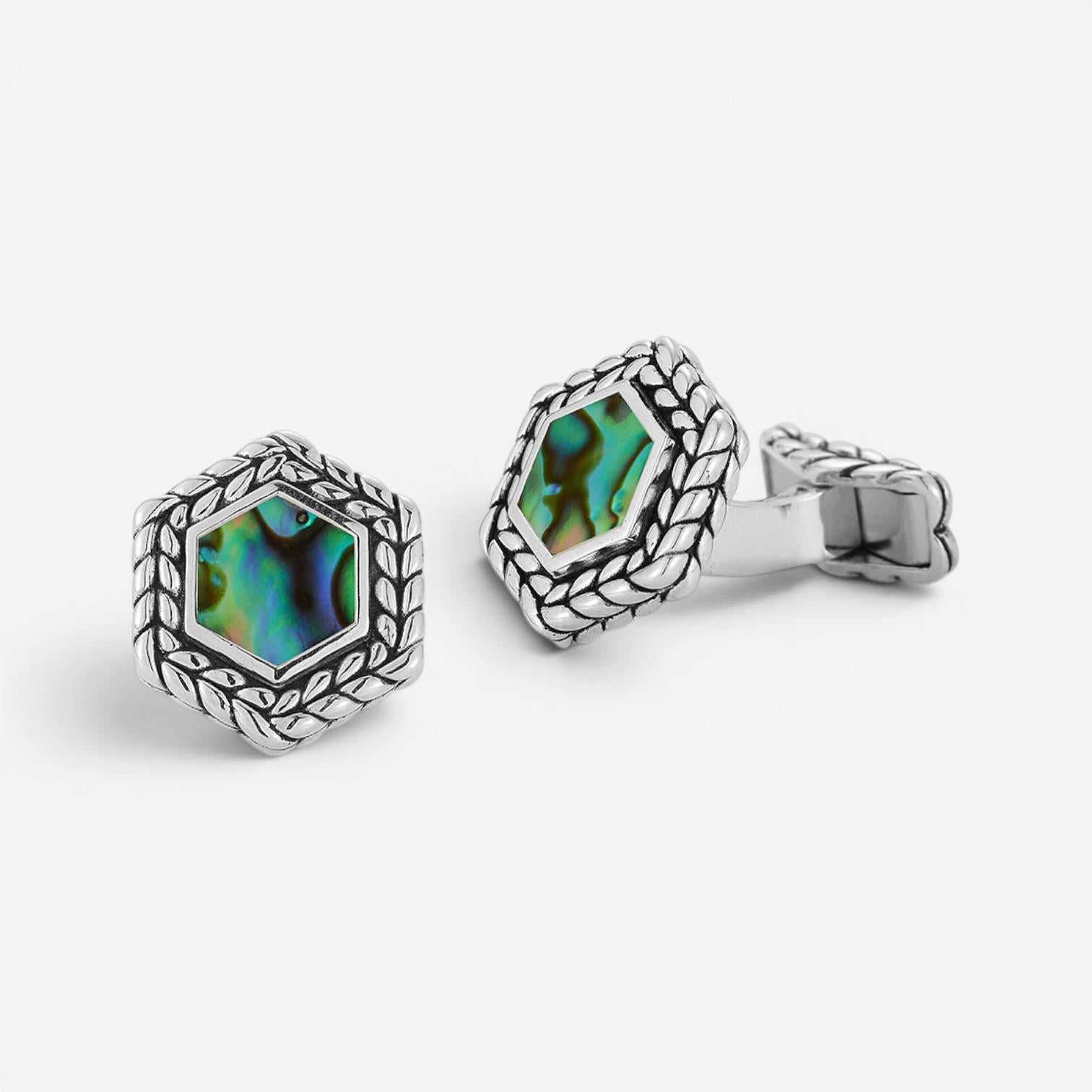 JAI Sterling Silver Abalone Hexagon Cufflinks JJH3044C-ABL