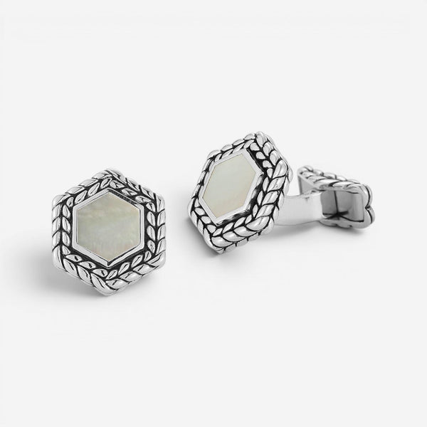 JAI Sterling Silver Mother of Pearl Hexagon Cufflinks JJH3044C-M
