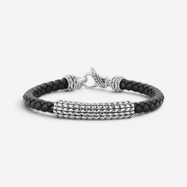JAI Sterling Silver Black Leather Textured Station Men's Bracelet JJH3045MB-BK