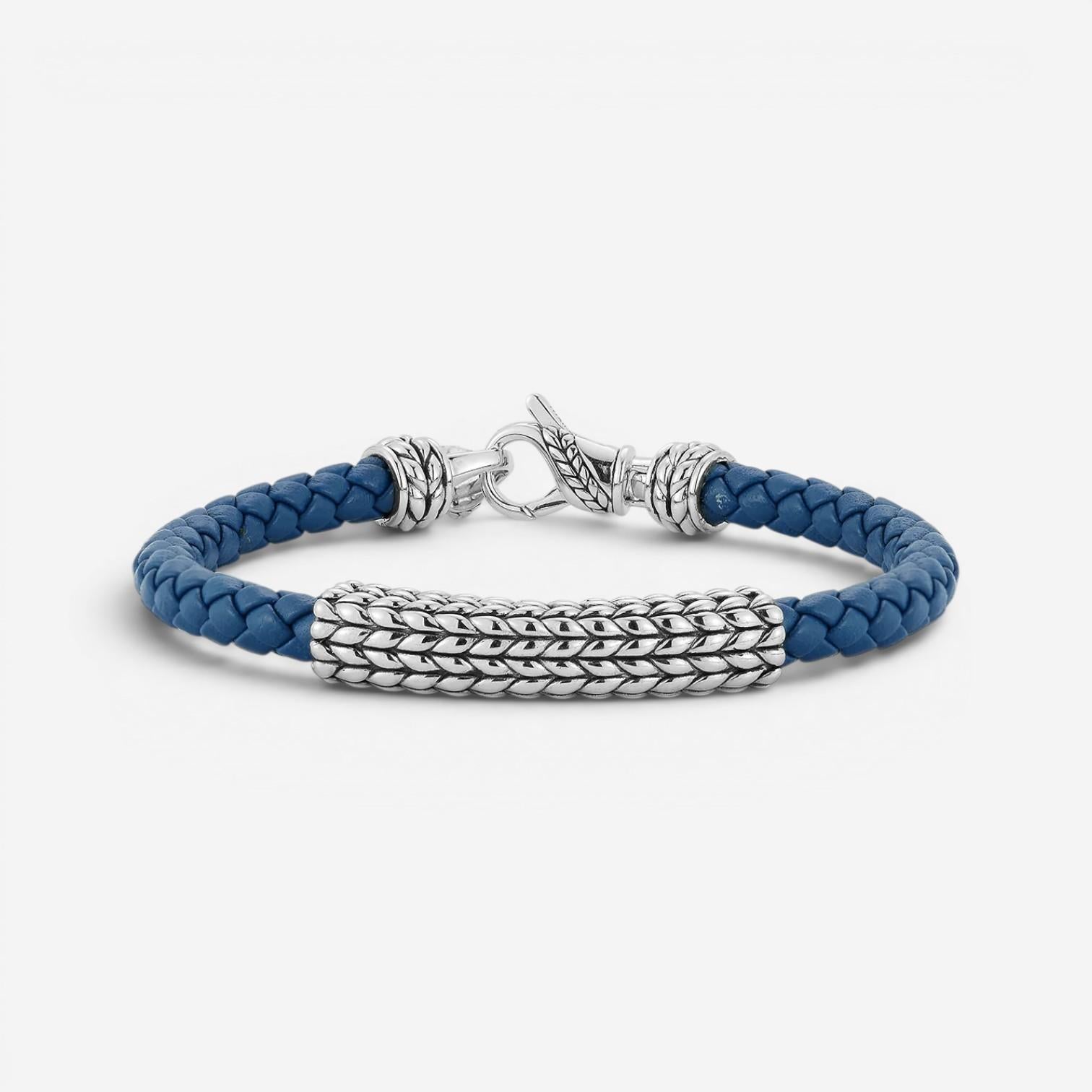 JAI Sterling Silver Blue Leather Textured Station Men's Bracelet JJH3045MB-BL