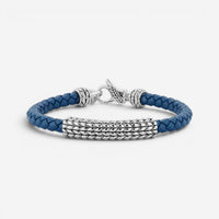 JAI Sterling Silver Blue Leather Textured Station Men's Bracelet JJH3045MB-BL