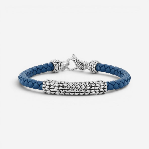 JAI Sterling Silver Blue Leather Textured Station Men's Bracelet JJH3045MB-BL