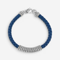 JAI Sterling Silver Blue Leather Textured Station Men's Bracelet JJH3045MB-BL