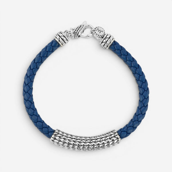 JAI Sterling Silver Blue Leather Textured Station Men's Bracelet JJH3045MB-BL