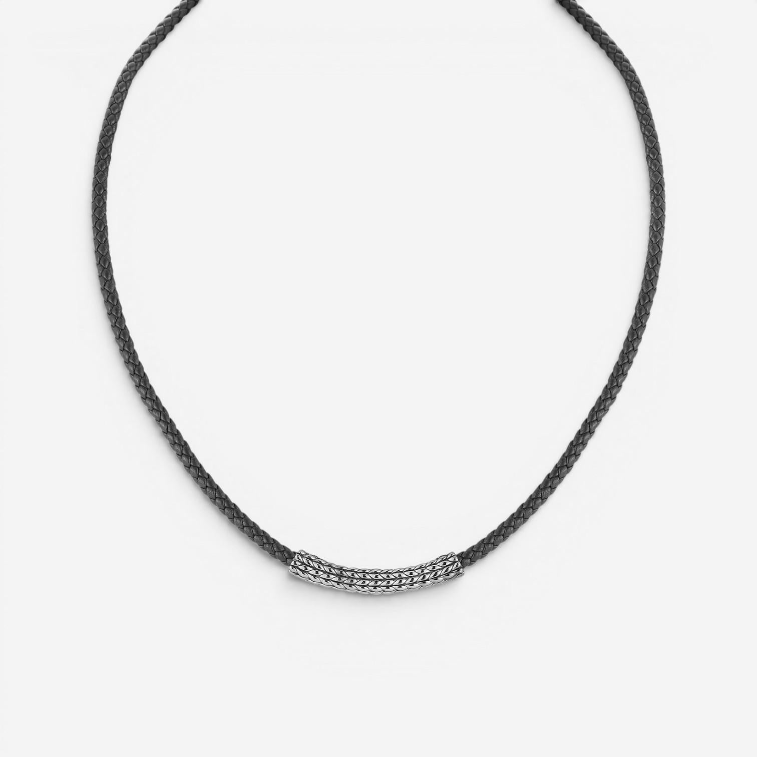 JAI Sterling Silver Leather Textured Station Black Men's Necklace JJH3045MN-BK