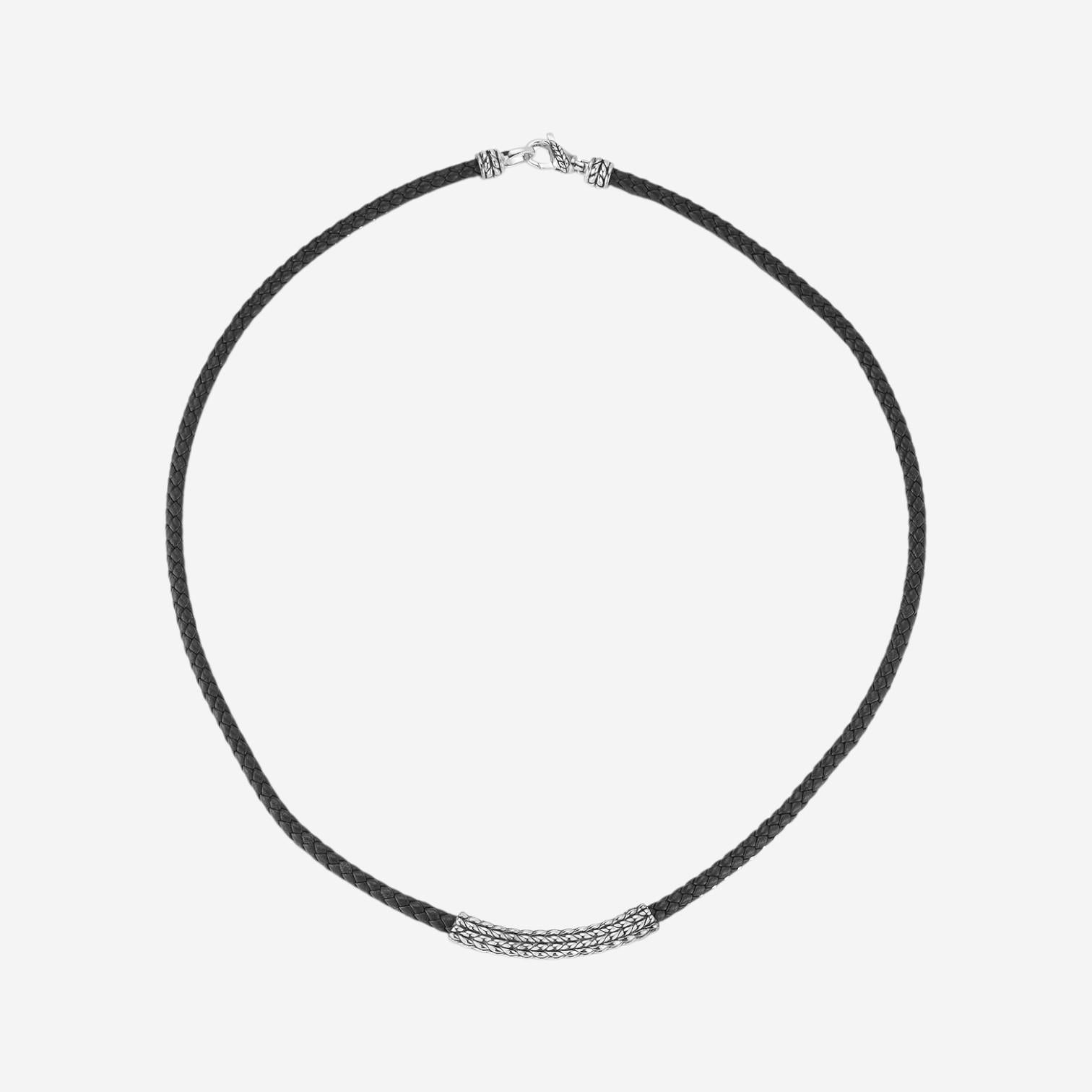 JAI Sterling Silver Leather Textured Station Black Men's Necklace JJH3045MN-BK