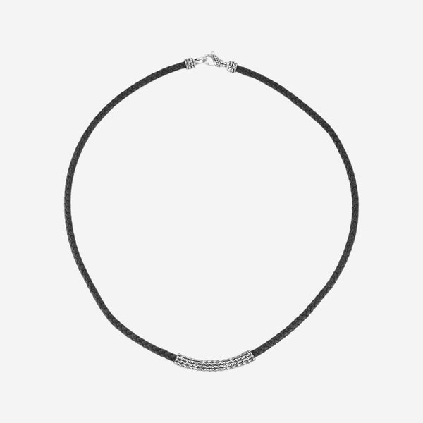 JAI Sterling Silver Leather Textured Station Black Men's Necklace JJH3045MN-BK