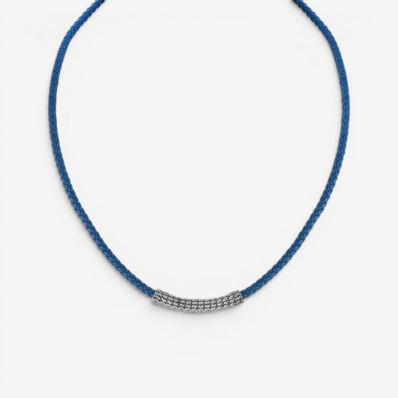 JAI Sterling Silver Leather Textured Station Blue Men's Necklace JJH3045MN-20-BL