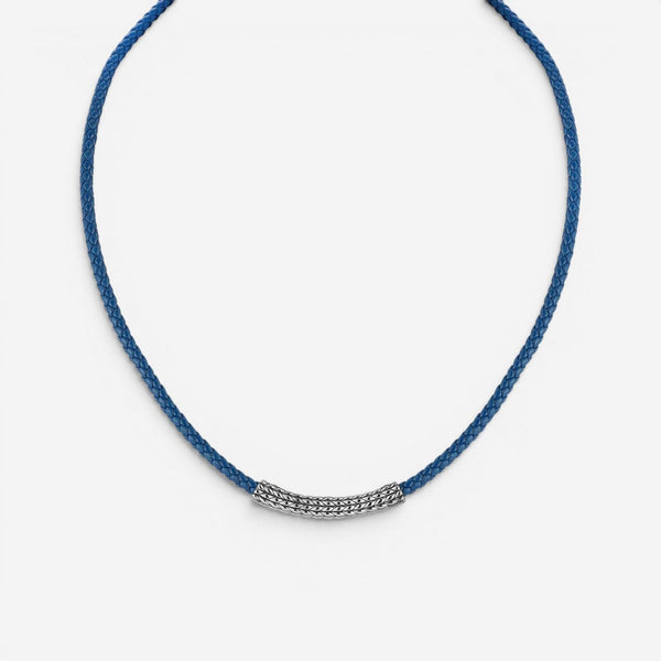 JAI Sterling Silver Leather Textured Station Blue Men's Necklace JJH3045MN-20-BL