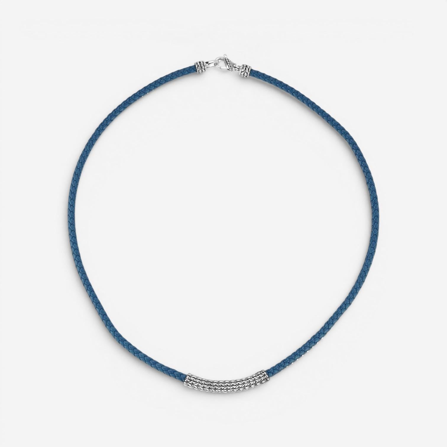 JAI Sterling Silver Leather Textured Station Blue Men's Necklace JJH3045MN-20-BL