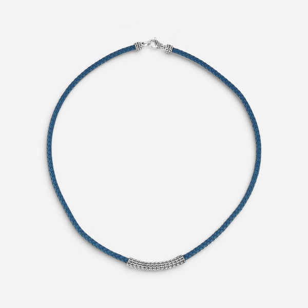 JAI Sterling Silver Leather Textured Station Blue Men's Necklace JJH3045MN-20-BL
