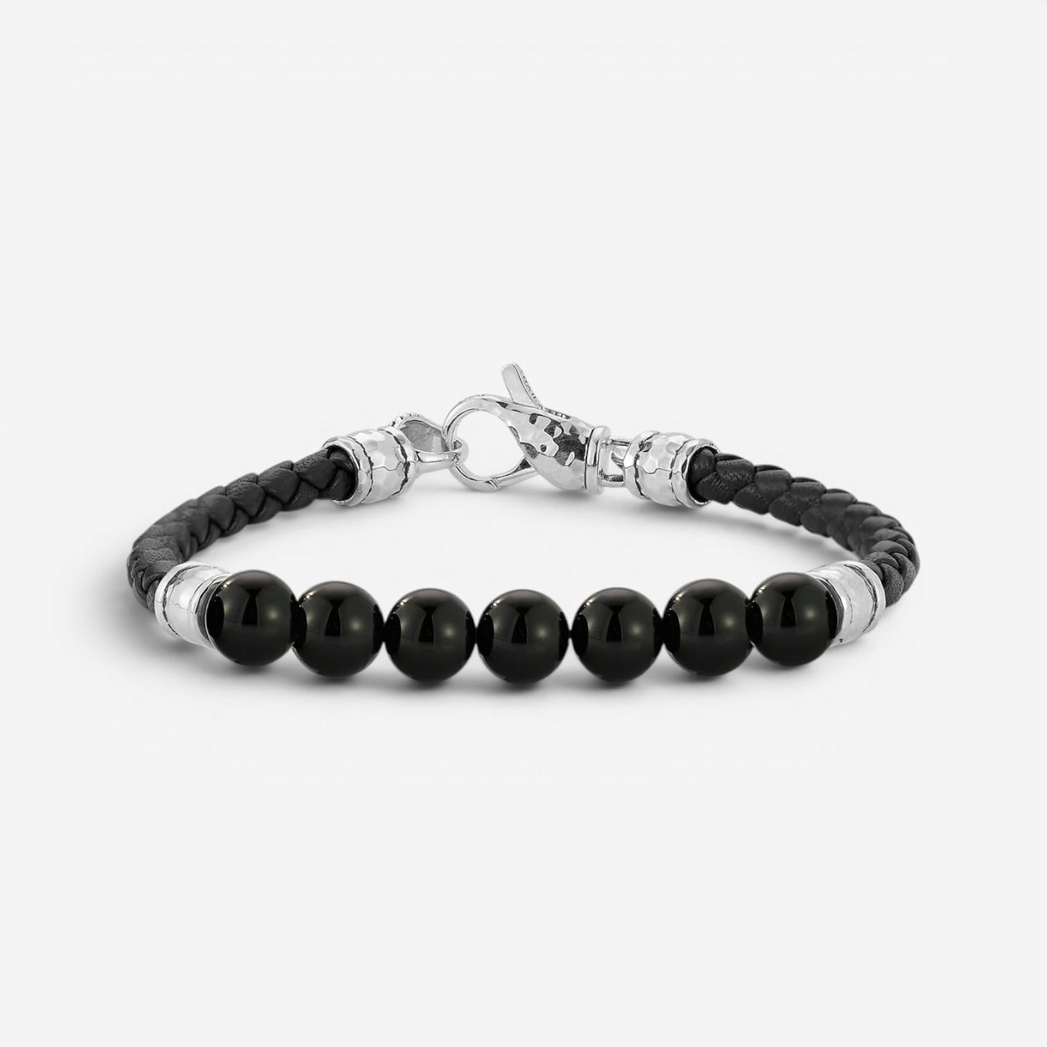 JAI Sterling Silver Black Onyx Leather Bead Men's Bracelet JJH3046MB-BO