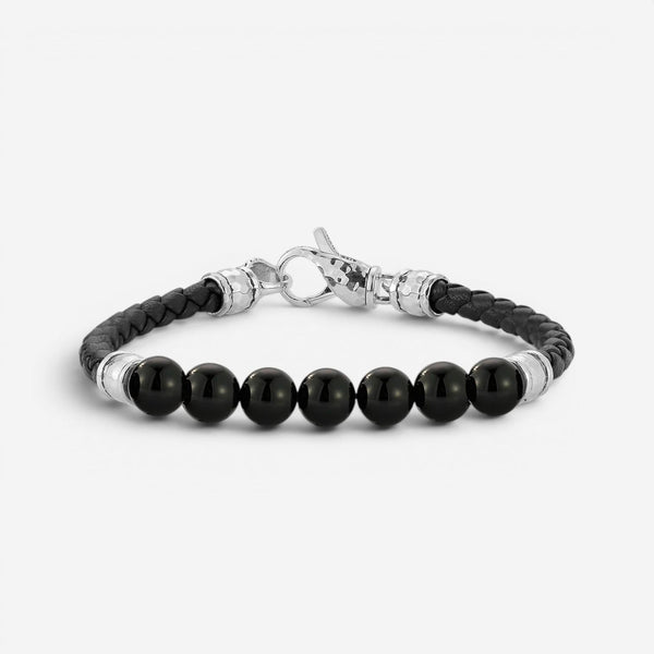 JAI Sterling Silver Black Onyx Leather Bead Men's Bracelet JJH3046MB-BO