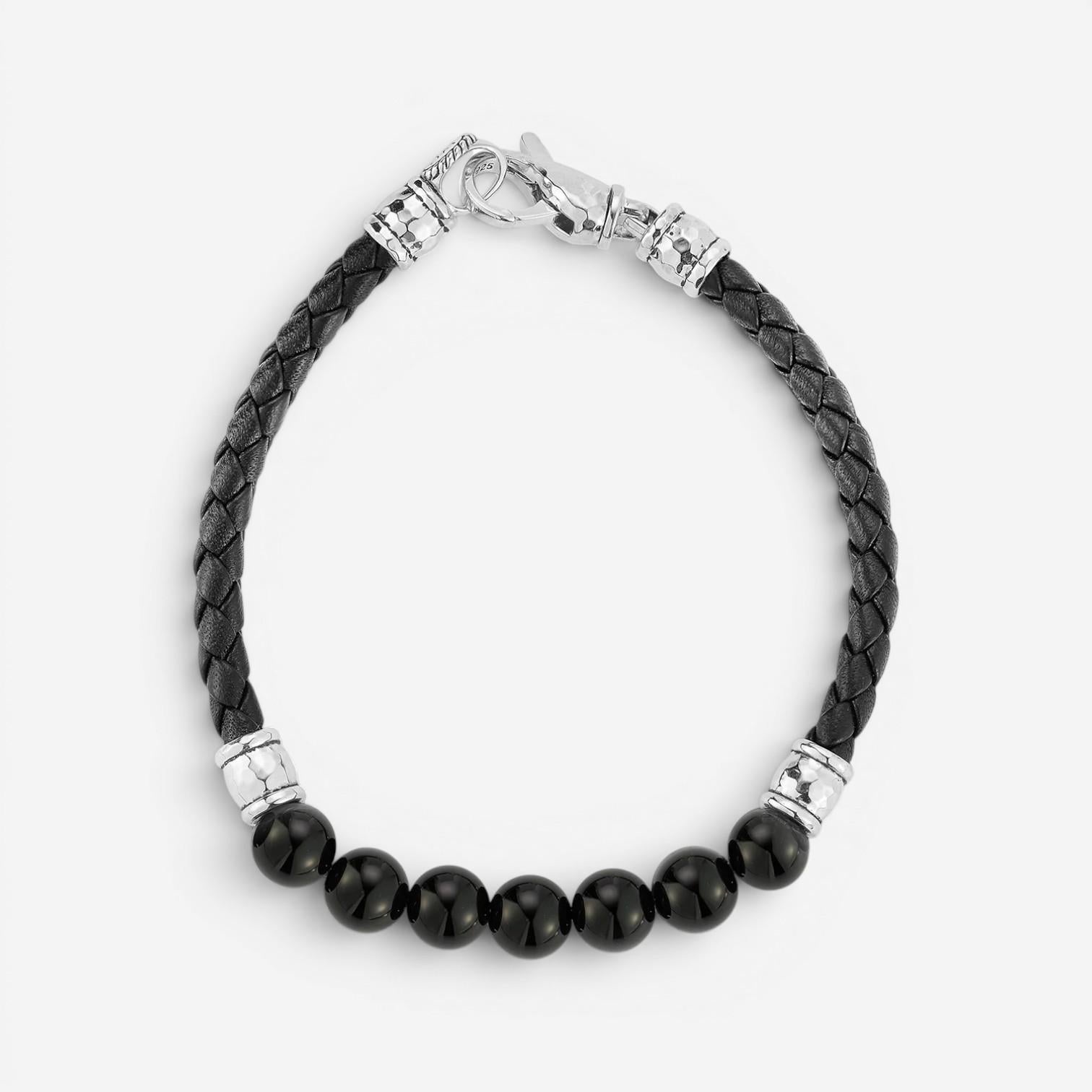 JAI Sterling Silver Black Onyx Leather Bead Men's Bracelet JJH3046MB-BO