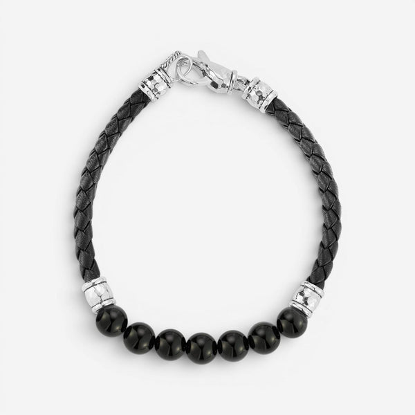 JAI Sterling Silver Black Onyx Leather Bead Men's Bracelet JJH3046MB-BO