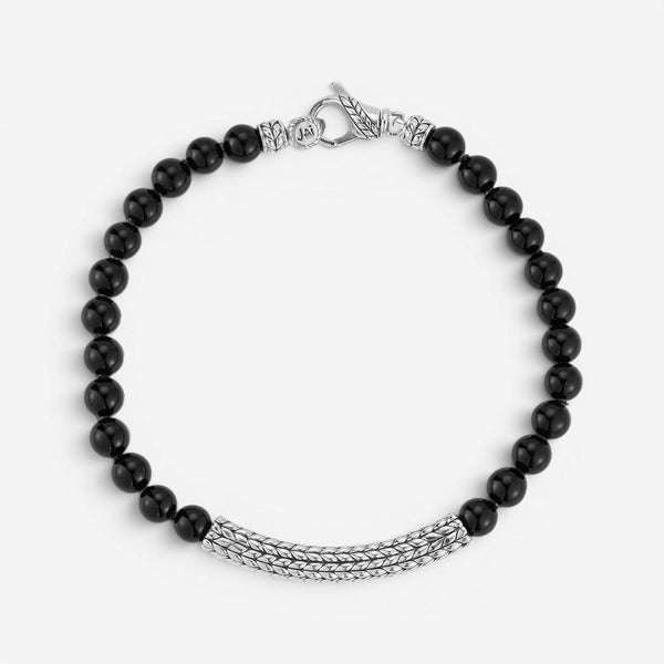 JAI Sterling Silver Black Onyx Textured Station Bead Men's Bracelet JJH3048MB-BO