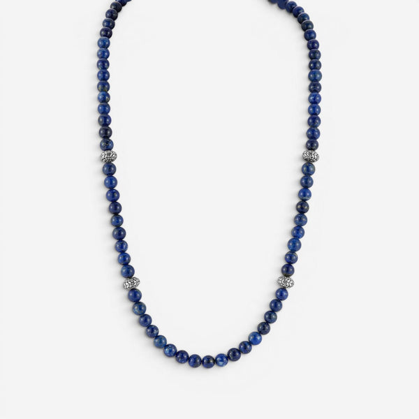 JAI Sterling Silver Lapis Lazuli Textured Station Bead Men's Necklace JJH3049MN-
