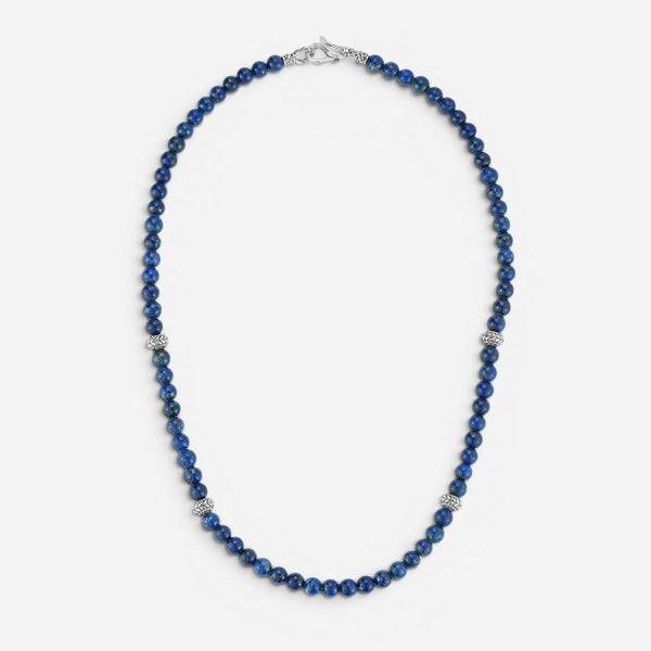 JAI Sterling Silver Lapis Lazuli Textured Station Bead Men's Necklace JJH3049MN-