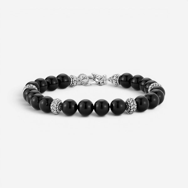 JAI Sterling Silver Black Onyx Textured Station Bead Men's Bracelet JJH3050MB-BO