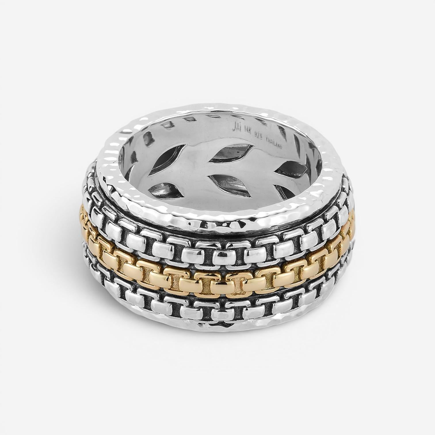 JAI Sterling Silver & 14K Yellow Gold Artisan Textured Band Men's Ring JJH3056MR