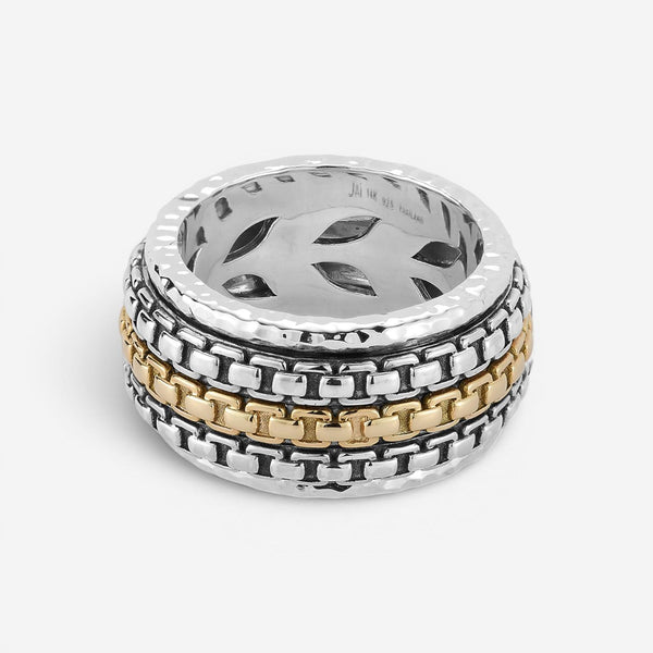 JAI Sterling Silver & 14K Yellow Gold Artisan Textured Band Men's Ring JJH3056MR