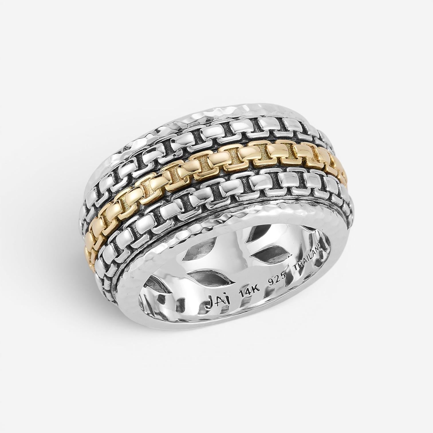 JAI Sterling Silver & 14K Yellow Gold Artisan Textured Band Men's Ring JJH3056MR