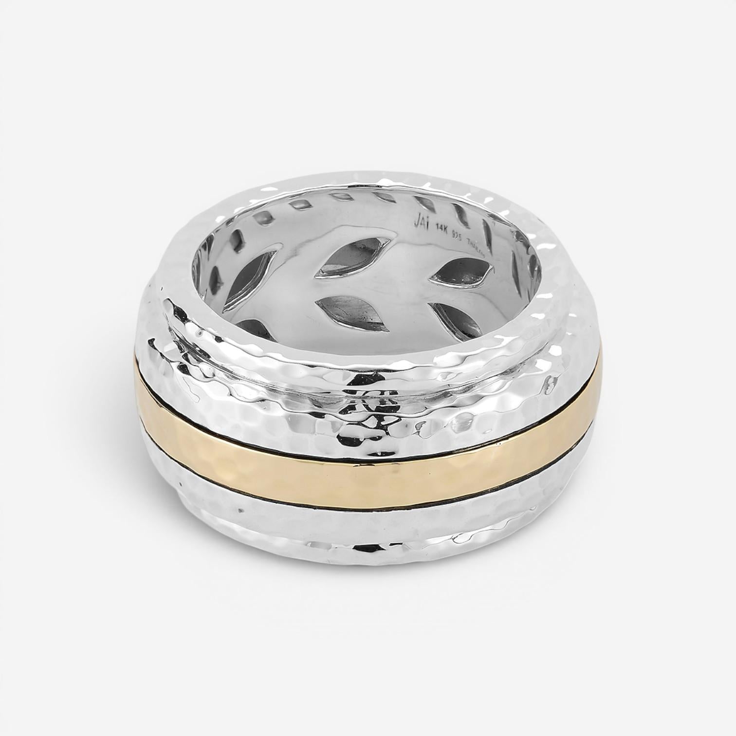 JAI Sterling Silver & 14K Yellow Gold Artisan Hammered Spinner Men's Ring JJH305