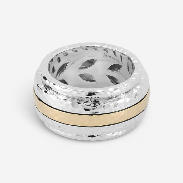 JAI Sterling Silver & 14K Yellow Gold Artisan Hammered Spinner Men's Ring JJH305