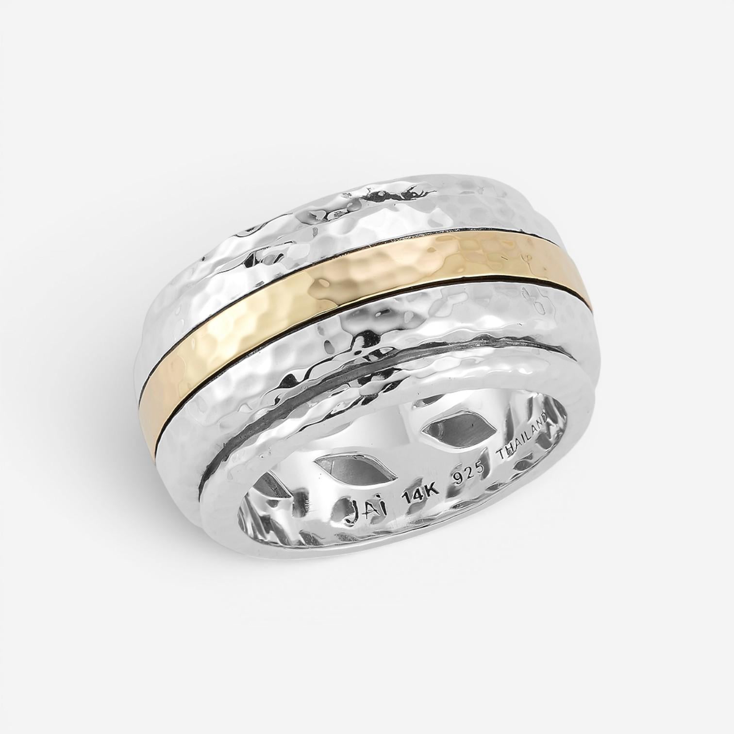 JAI Sterling Silver & 14K Yellow Gold Artisan Hammered Spinner Men's Ring JJH305