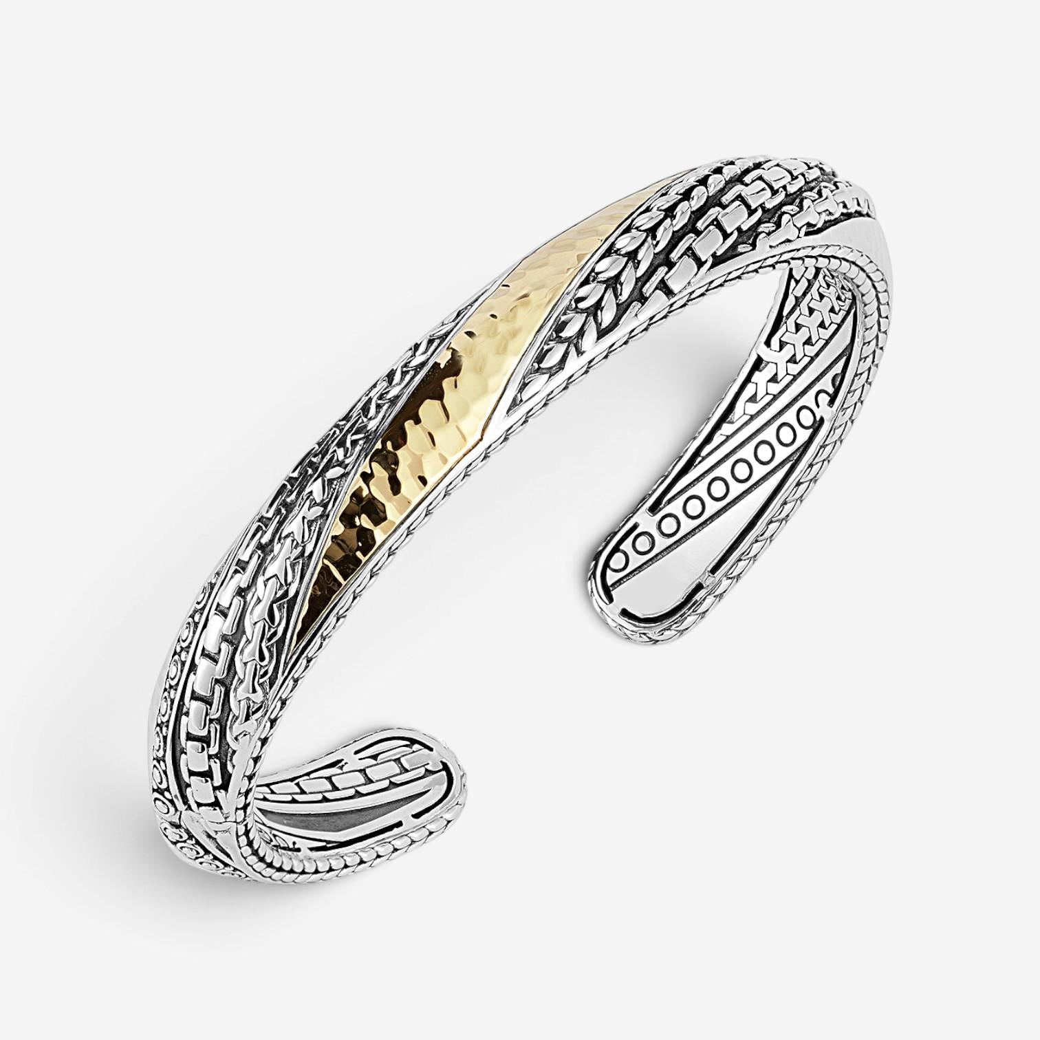 JAI Hammered Artisan Sterling Silver & 14K Yellow Gold Hinged Cuff Bracelet JJH5