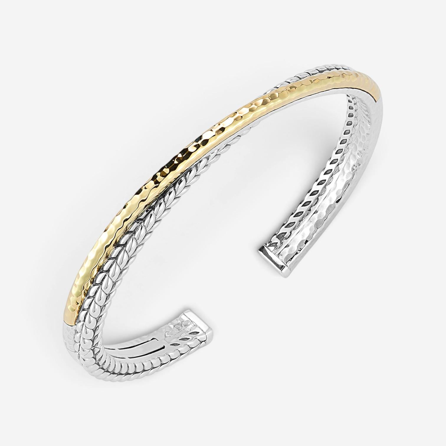 JAI Sterling Silver & 14K Yellow Gold Crossover Hinged Cuff Bangle Bracelet JJH5