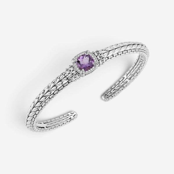 JAI Sterling Silver Diamond & Amethyst Hinged Cuff Bangle Bracelet JJH6007B-M-AM