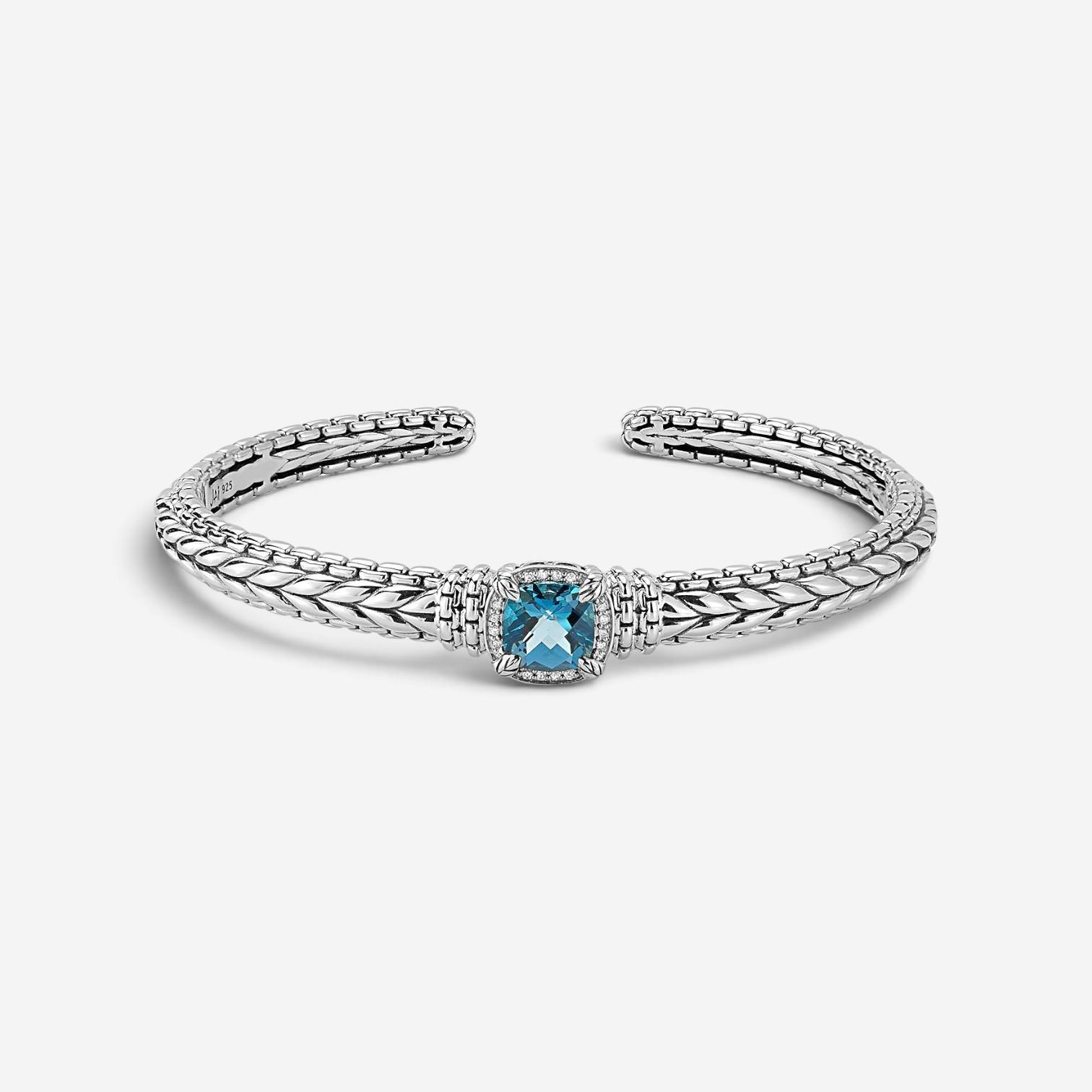 JAI Sterling Silver Diamond & London Blue Topaz Hinged Cuff Bangle Bracelet JJH6