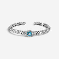 JAI Sterling Silver Diamond & London Blue Topaz Hinged Cuff Bangle Bracelet JJH6