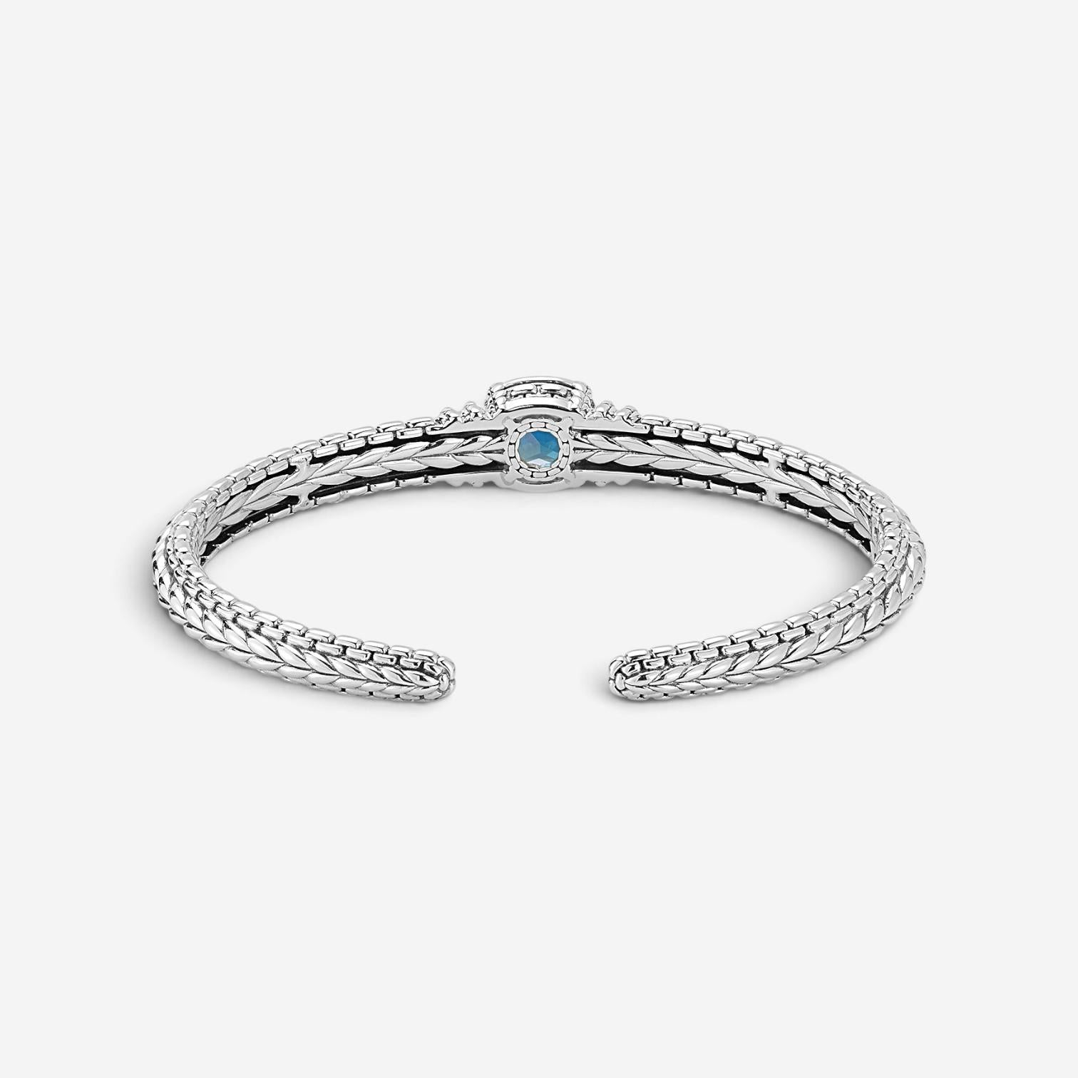JAI Sterling Silver Diamond & London Blue Topaz Hinged Cuff Bangle Bracelet JJH6