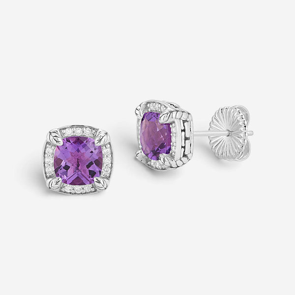 JAI Sterling Silver Diamond & Amethyst Square Stud Earrings JJH6008E-AMDI