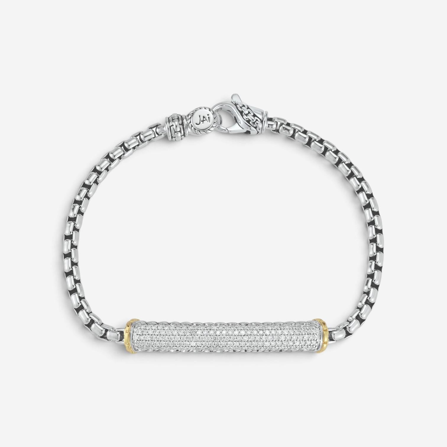 JAI Sterling Silver & 14K Yellow Gold Pave Diamond Box Chain Bracelet JJH6009BG