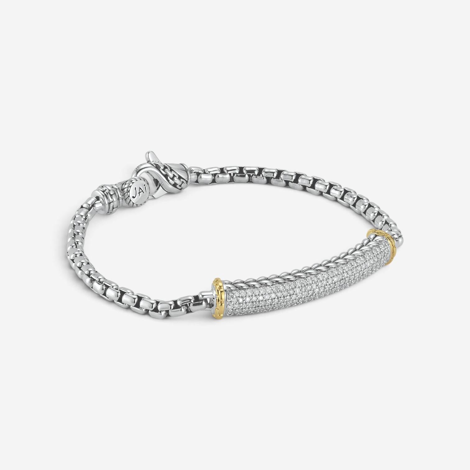 JAI Sterling Silver & 14K Yellow Gold Pave Diamond Box Chain Bracelet JJH6009BG