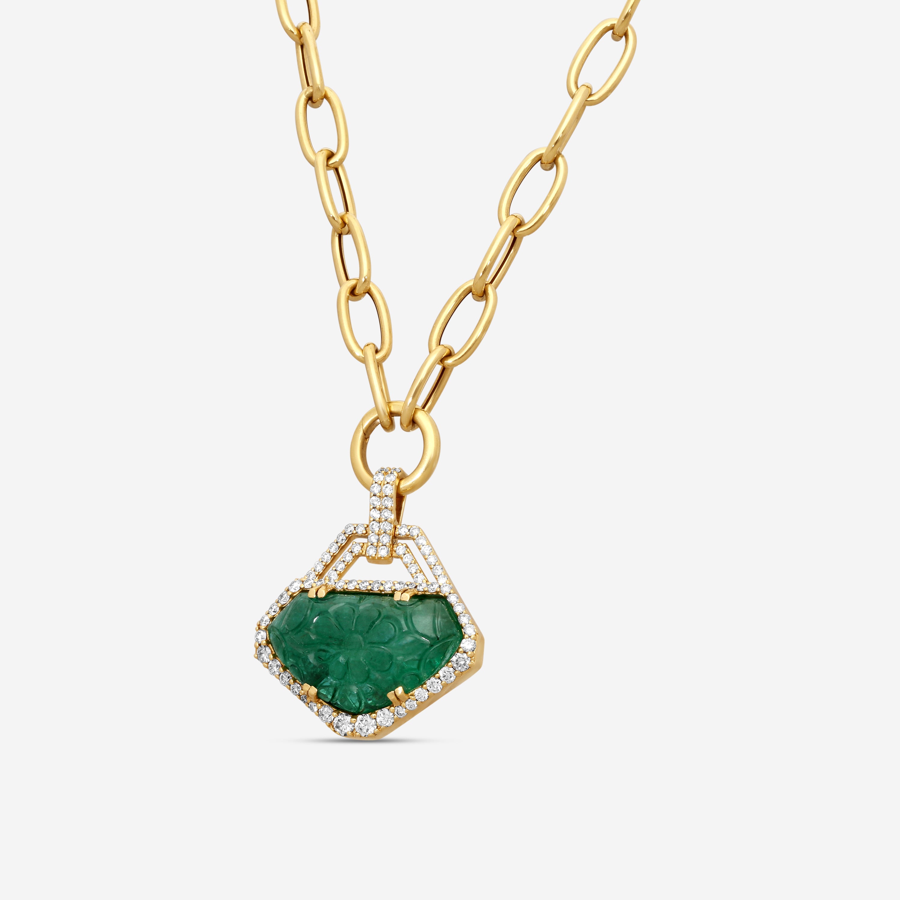Goshwara G-One 18K Yellow Gold Carved Emerald & Diamond Pendant Necklace JP0189-EMY - THE SOLIST