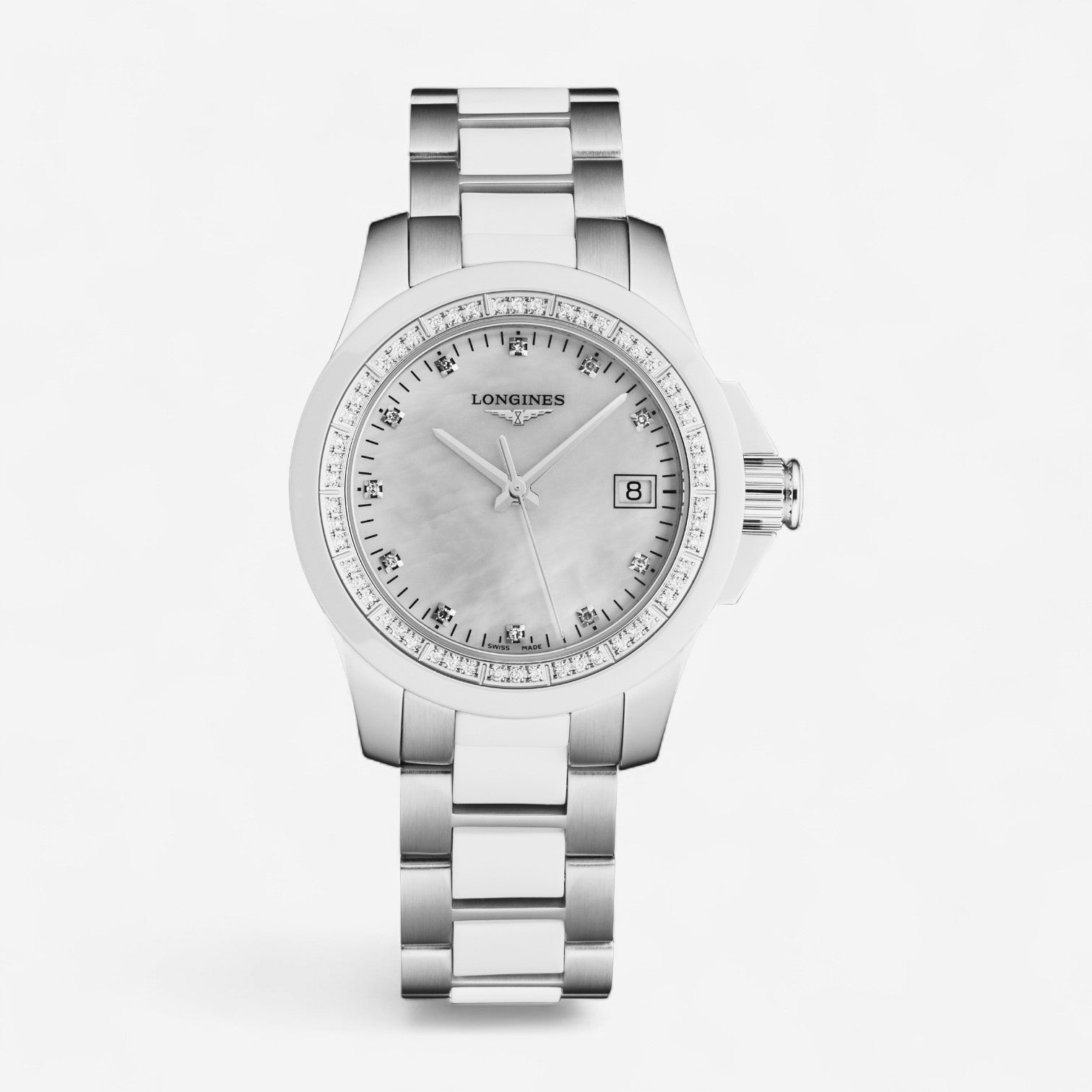 Longines Conquest Stainless Steel & White Ceramic Diamond Quartz Ladies Watch L3.281.0.87.7