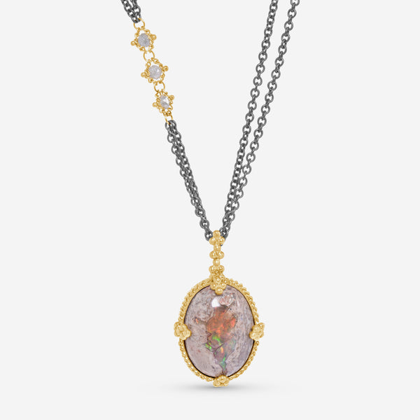 Amáli One of a Kind Oxidized Sterling Silver and 18K Yellow Gold, Mexican Fire Opal and Silver Diamond Pendant Necklace N-2840-MOP-SD