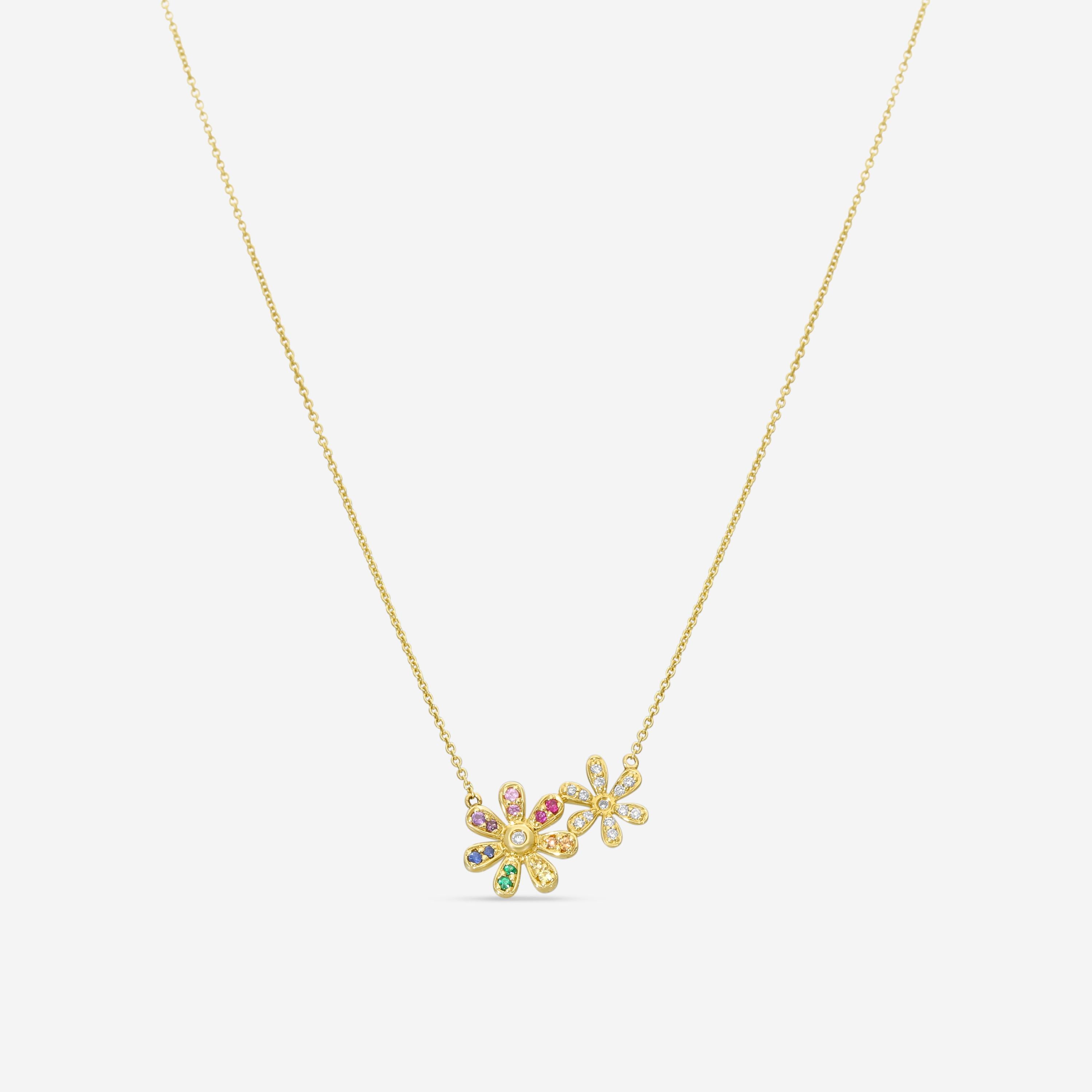 Sydney Evan Rainbow Double Daisy 14K Yellow Gold Diamond and Multi-Gemstone Pendant Necklace N36308MC-Y18XT