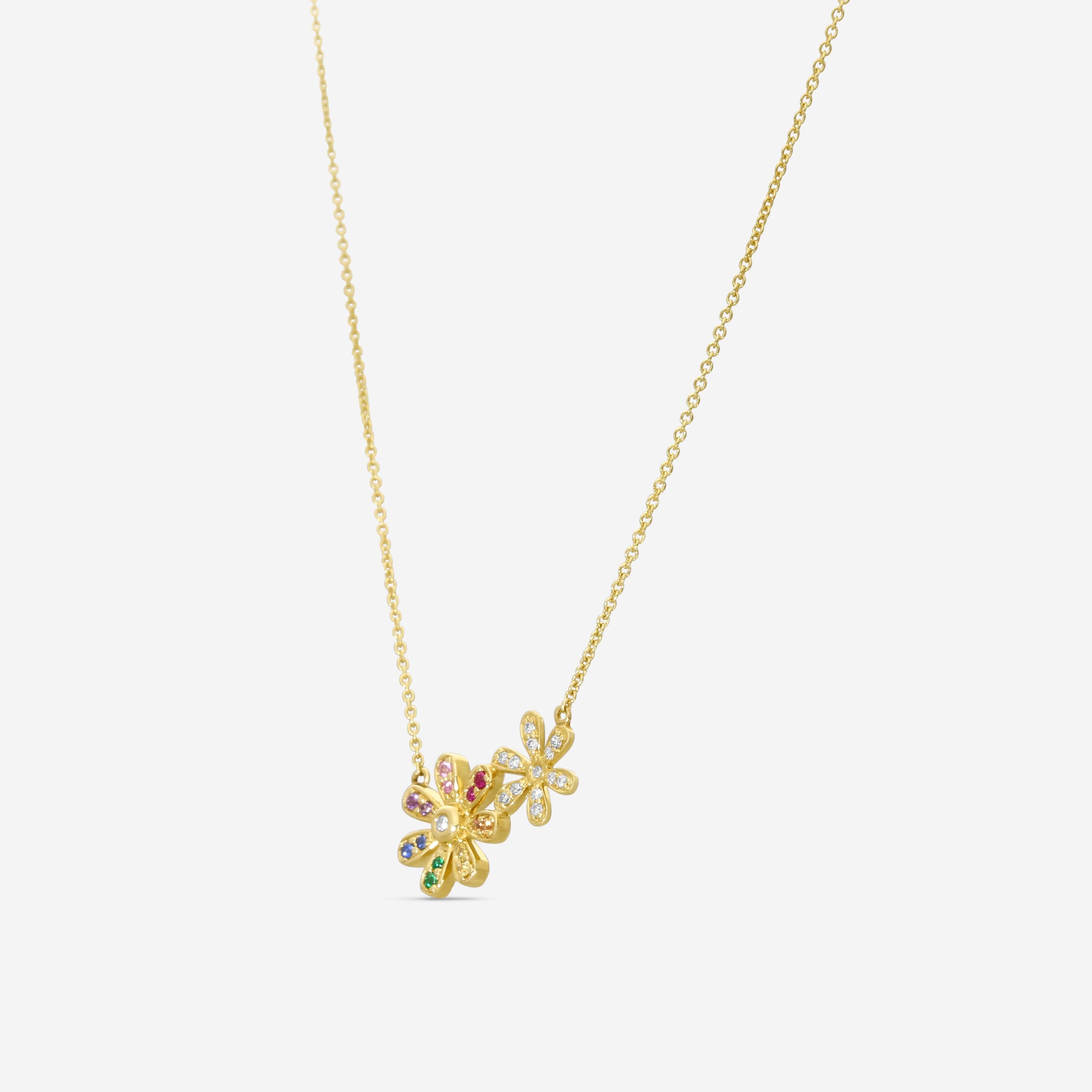 Sydney Evan Rainbow Double Daisy 14K Yellow Gold Diamond and Multi-Gemstone Pendant Necklace N36308MC-Y18XT