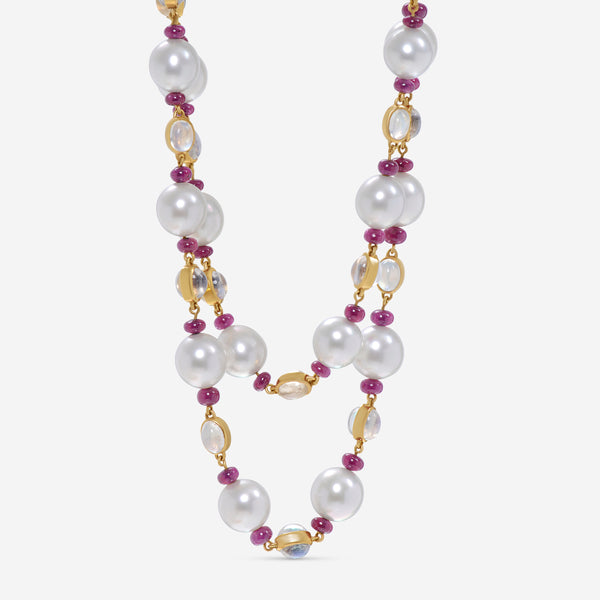 Assael 18K Yellow Gold, Single South Sea Pearl 12.3mm - 13.4mm, Moonstone and Ruby Strand Necklace N4585