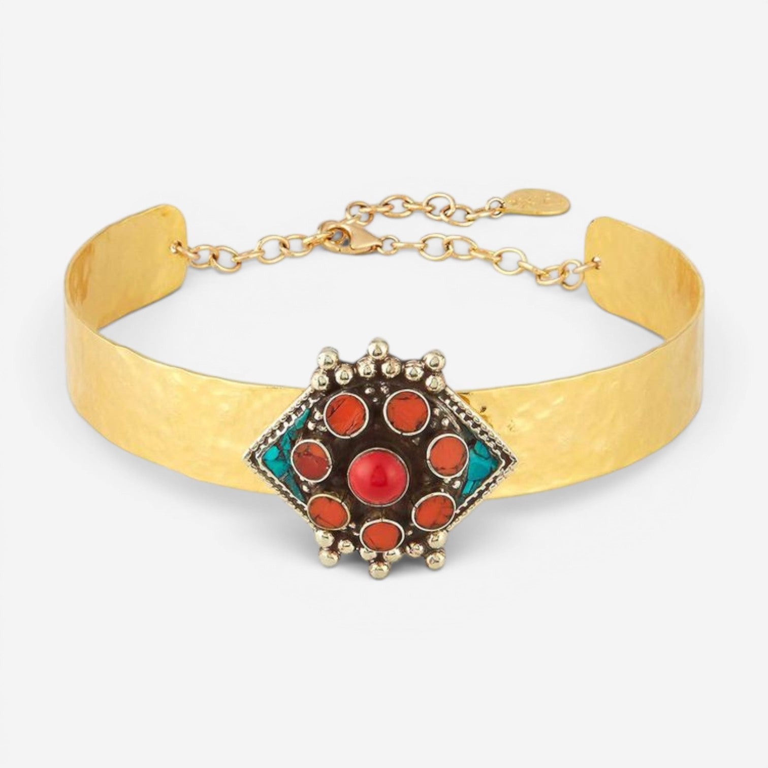 Devon Leigh 18K Yellow Gold Plated Brass Coral & Turquoise Choker Necklace N5755