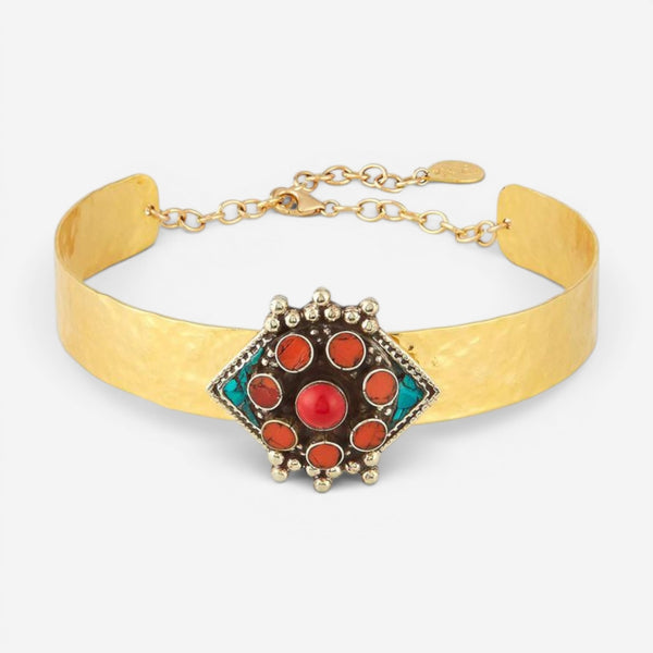 Devon Leigh 18K Yellow Gold Plated Brass Coral & Turquoise Choker Necklace N5755
