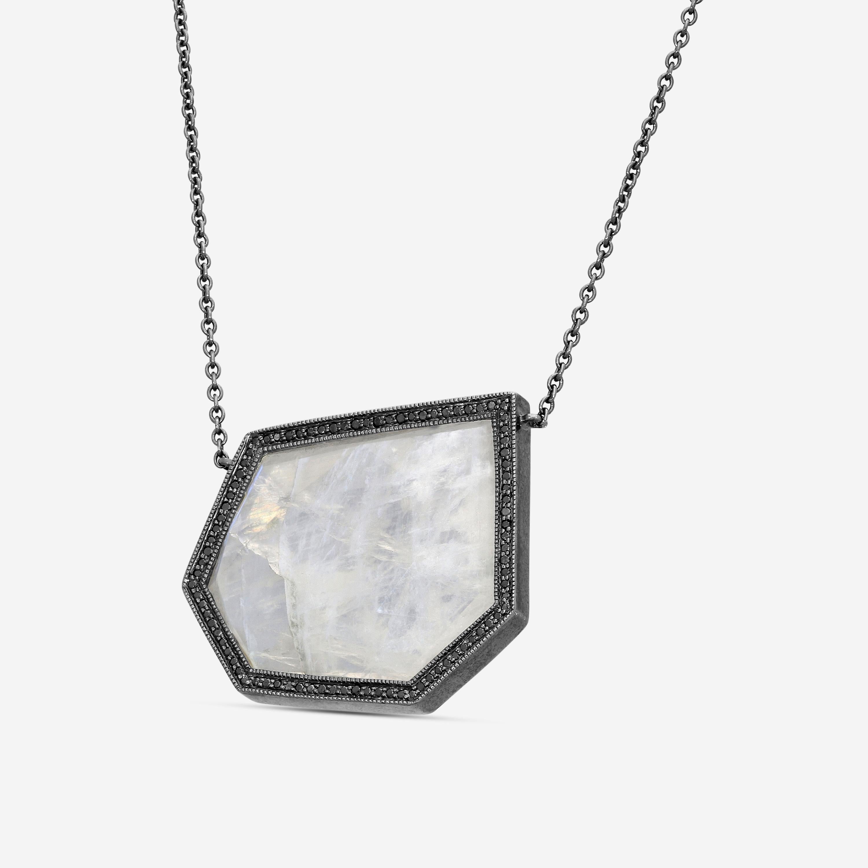 Leslie Greene Stainless Steel Black Diamond Moonstone Necklace NS90594OXMS