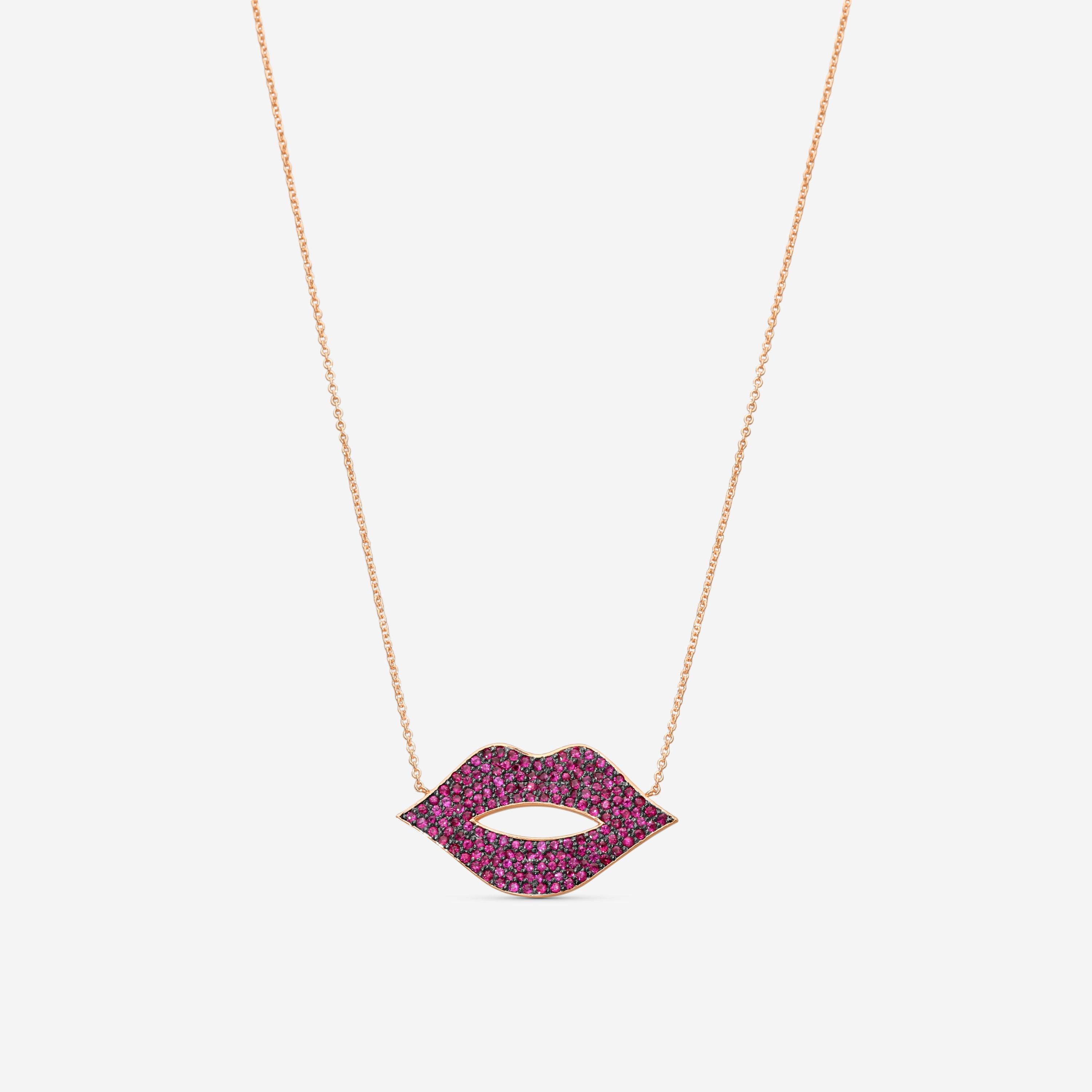 Sydney Evan Large Pavé Lips 14K Rose Gold Ruby Pendant Necklace NAJ1133R-R18XT