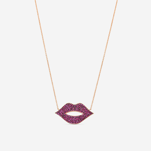 Sydney Evan Large Pavé Lips 14K Rose Gold Ruby Pendant Necklace NAJ1133R-R18XT