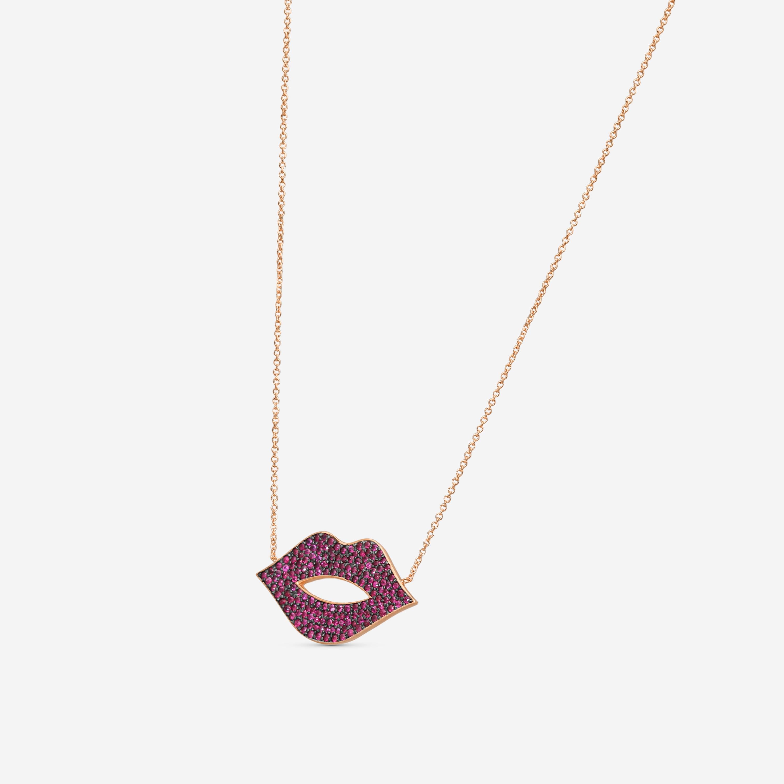 Sydney Evan Large Pavé Lips 14K Rose Gold Ruby Pendant Necklace NAJ1133R-R18XT
